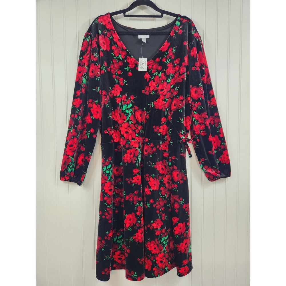 NEW Childrens Place Womens XL Velvet Floral Faux Wrap Dress Red Roses Black